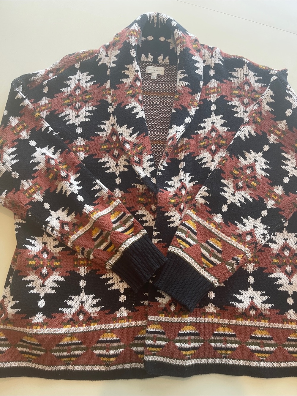 Lucky Brand Black & Rust Patterned Shawl Collar Cardigan (Oversized/Comfy)